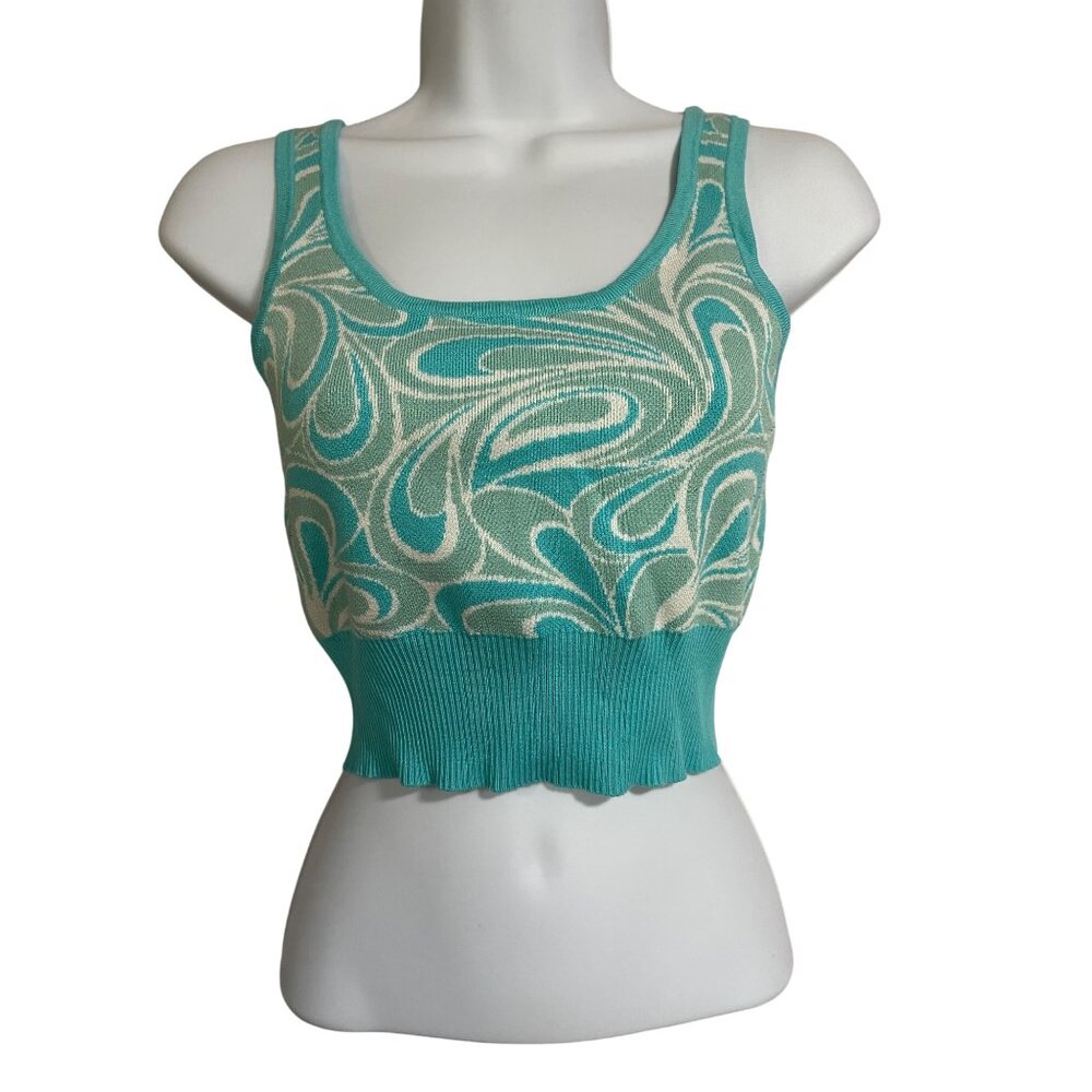 Garage Knit Turquoise & White Swirl Crop Tank Top Womens Size Small